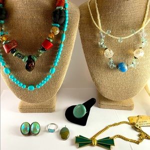 Vintage 6 Pc Lot Turquoise & Gemstone Etc 3 Necklaces 2 Rings Green Pendant